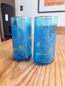 2 Vintage Libbey Blue Tint Glass Tumblers with Textured Leaf Leaves - Picture 1 of 3