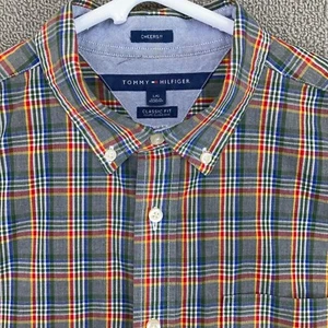 Camisa con botones Tommy Hilfiger para hombre manga larga grande gris rojo a cuadros algodón - Imagen 1 de 12