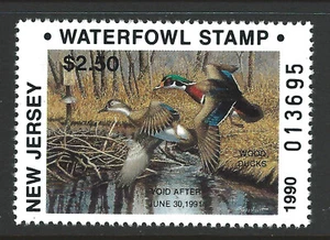 NJ-7, 1990 New Jersey Duck Stamp, $2.50 Wood Ducks - Picture 1 of 1