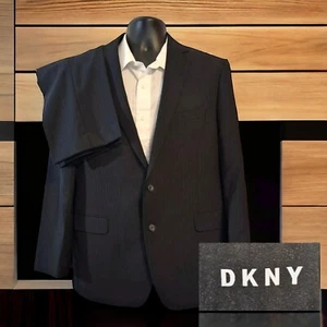 DKNY 2 Piece Suit Mens 40R 36X27 Black Pinstripe Double Vented Wool - Picture 1 of 12