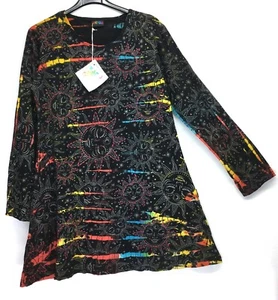 FAIRTRADE SMILING SUN PRINT BLACK TIE DYE MULTICOLOURED COTTON A-LINE DRESS - Picture 1 of 5
