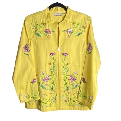 Quacker Factory Size Medium Yellow Full Zip Jacket Embroidered Butterflies - Image 1 of 4