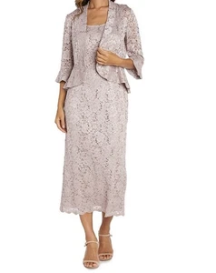 R&M Richards Spitze Pailletten 3/4 Ärmel Jacke Midikleid Größe 16, Farbe Rouge - Bild 1 von 10