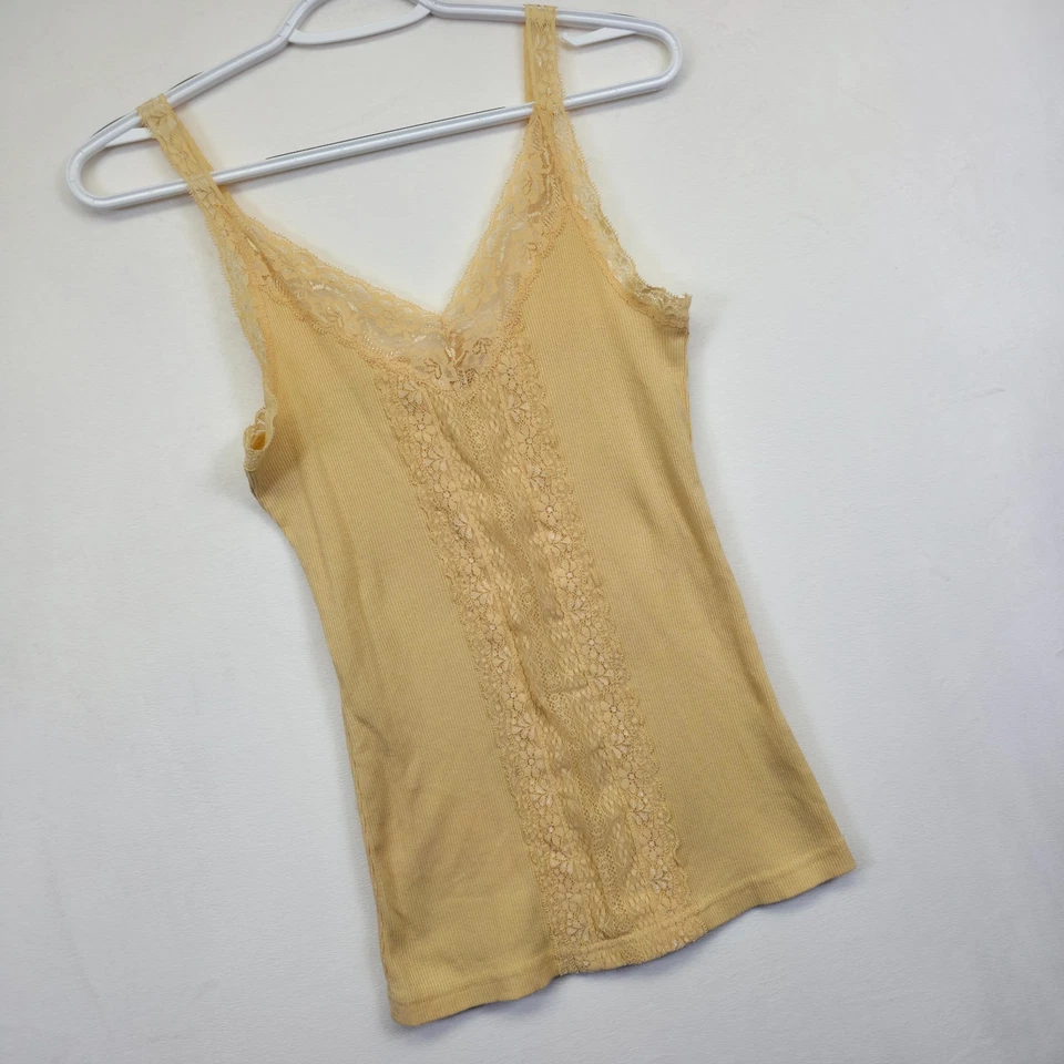 Y2K Tank Top Women S Yellow Floral Lace Trim Ribbed Knit Babydoll Coquette Fairy - Image 1 of 4
