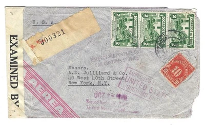 Peru 1942 Censor Cover US Postage Due Paid for Customs Service S/7.65 Franking - Image 1 of 2