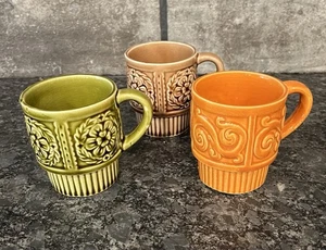 3 Vtg Stacking Ceramic Coffee Mugs MCM Retro Embossed Green Brown & Orange Japan - Picture 1 of 14