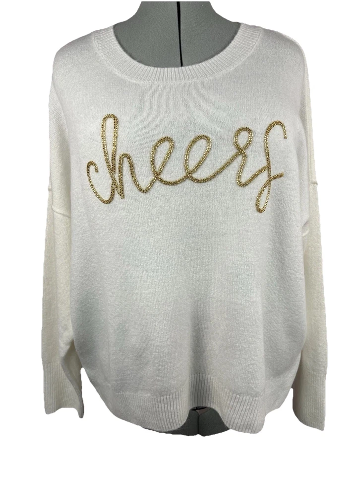 Suéter Vince Camuto Festivo Vacaciones Suave Cálido Marfil con Cuentas Doradas XL Foto 1 de 4