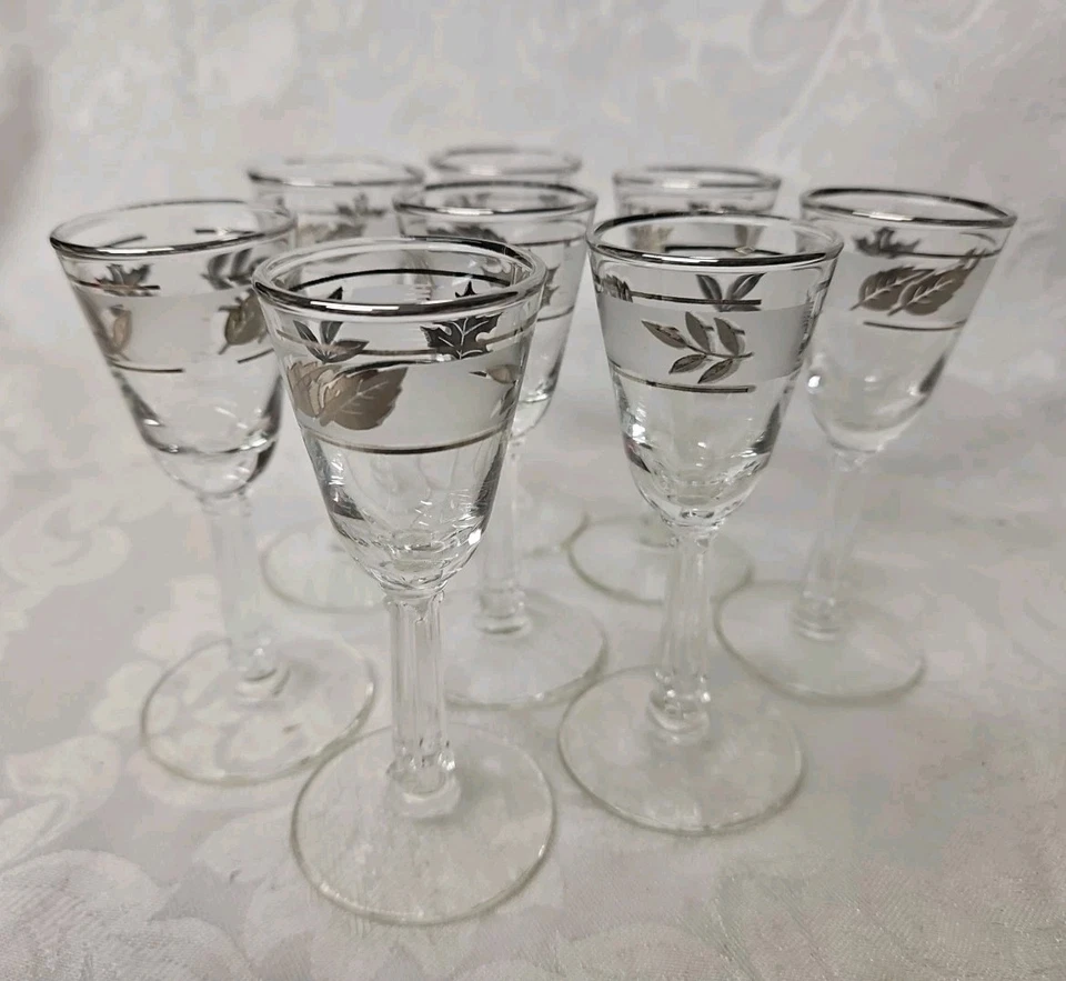 Set Of 8 Libbey Frosted Silver Leaf Cordial Stemmed Liquor Shot Glasses 4.25" - Image 1 of 4
