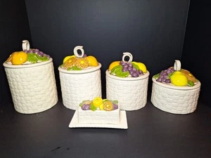 Vintage Boho MCM Canister Set Of 4 W/ Butter Dish Fruit Basket Weave Theme - Picture 1 of 24