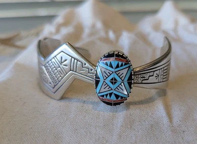 RMT Tenorio Carolyn Pollack Sterling Inlay Cuff 55g - turquoise coral jet - Image 1 of 4