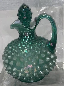SIGNED 6” FENTON HOBNAIL Cruet Opalescent/ Iridescent Green Color W/ Stopper - Picture 1 of 9