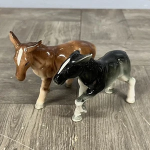 1970's Vintage Ceramic Novelty Donkey Figurines Set Of 2 5" Long Brown Black - Picture 1 of 15