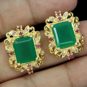 925 Sterling Silver Earrings Octagon Aventurine 11x9mm Ruby Gemstone Jewelry - Picture 1 of 13