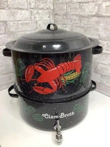 Caldo de almeja de langosta olla de vapor de 3 piezas de granito vintage esmalte moteado 15" - Imagen 1 de 8