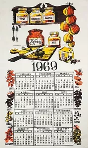 Calendario 1969 asciugamano erbe e spezie ottime condizioni cotone lino vintage - Foto 1 di 2