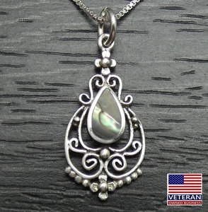 Vintage Sterling Silver Detailed Abalone Teardrop Pendant Box Necklace 22 inches - Picture 1 of 10