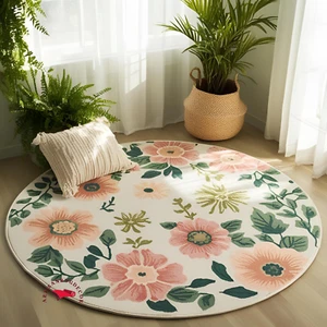 Round Floral & leaves white Print Hand-Tufted Wool Area Rug for Living Room 9x12 - Picture 1 of 3