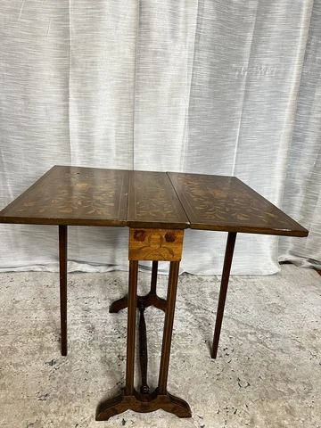 Antique Walnut Marquetry Inlaid Drop Leaf Folding Sewing Game Table with Drawer Cover