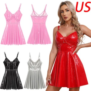 Womens Dress Shiny Slips Dresses A-Line Mini Gothic Clubwear Wetlook Backless - Picture 1 of 33