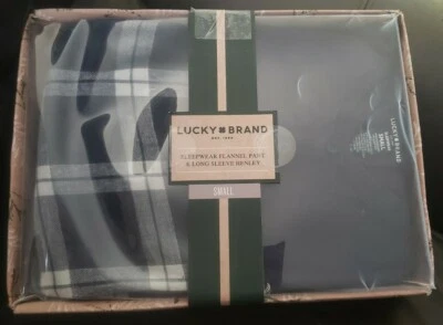 Lucky Brand Mens 2 Piece Sleep Set Flannel Pant & Long Sleeve Henley Navy Small - Image 1 of 3