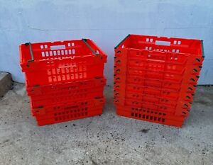  10 x Bright Orange Bail Arm Crates / Bale Arm Plastic Stacking Storage Boxes 