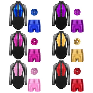 Kids Girls Outfits Rhinestones Suit Leotard Set Figure Costume Sheer Mock Neck - Picture 1 of 80