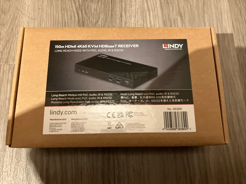 Lindy 150m Cat.6 HDMI 4K60, IR, RS-232 & Audio HDBaseT KVM Extender, Receiver - Image 1 of 4