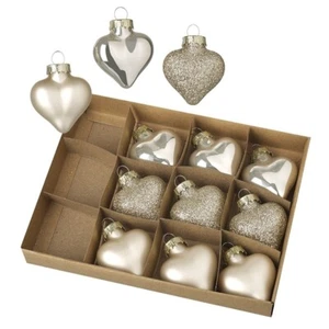 Juego de 12 adornos/bola de Navidad de vidrio brillante/mate/brillante corazón dorado antiguo - Imagen 1 de 1