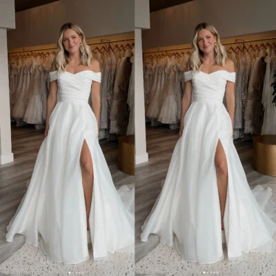 New Wedding Dresses with Side Split Off the Shoulder Sweep Train Bridal Gowns - Image 1 of 4