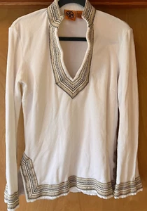 Tory Burch Shirt Top Small Textured V-Neck Shirt Embellished White Gold flaws - Picture 1 of 15