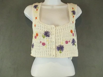 Free People Sweater Vest Womens XS Ivory Crochet Floral Embroidered Boho - Image 1 of 4
