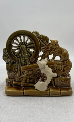 McCoy Brown Ceramic Spinning Wheel Scotty Dog And Cat Pottery Planter - Image 1 of 4