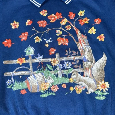 Basic Editions XL Fall Scene Squirrel Birdhouse Sweatshirt Collared Top - Image 1 of 4