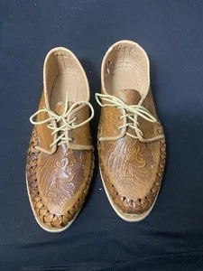 Vintage mexikanische Huarache Lederschuhe handbesetzt Azteken Maya Häuptling Design  - Bild 1 von 13