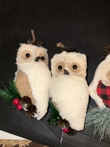 4 Eulen Weihnachtsschmuck Sackleinen Körper mit Fell bedeckt - Bild 1 von 6