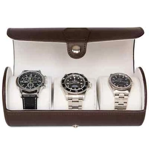 Case Elegance Brown Leather Travel Watch Case Roll - 3 Watches - Picture 1 of 3
