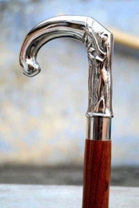 Vintage Walking Stick with brass Silver head handle Antique Style Wood Cane Gift - Picture 1 of 6