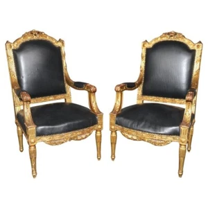 Fantastic Pair of French Gilded Fauteuil à la Reine Leather Armchairs 1890s - Picture 1 of 17