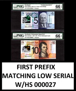 Polimero scozzese £5, £10 1° prefisso con HS LOW MATCHING # 000027 GEM UNC PMG 66 - Foto 1 di 2