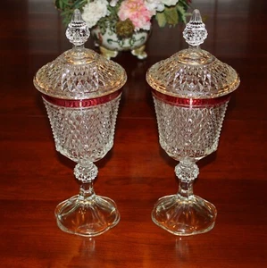 Indiana Glass Vintage 15 1/2" Tall Diamond Point Ruby Footed Urn & Lid Set of 2 - Picture 1 of 24
