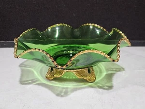 Antique EAPG US Glass Green and Gold Colorado Round Ruffled 10" Footed Bowl - Picture 1 of 6