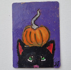 ACEO Original-Kunstkarte mit schwarzer Katze und Kürbis für Halloween,...