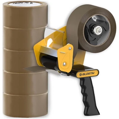 BLOSTM Tape Gun & Strong Packaging Dispenser 6 Rolls Brown Sealing Parcel Boxes - Image 1 of 4