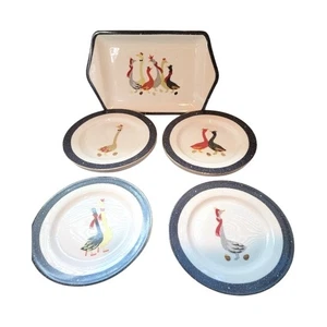 Rare Sara Miller London Portmeirion Geese Serving Tray & Plate Set White Blue - Picture 1 of 11