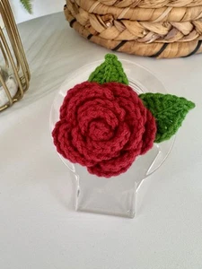 Handmade Crochet Rose Brooch – Wine Red Flower Pin with Green Leaves - Picture 1 of 10