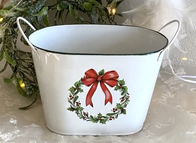 Übertopf Blumenkübel Schale Jardiniere, Blätterkranz rote  Schleife, Metall Weiß - Bild 1 von 2
