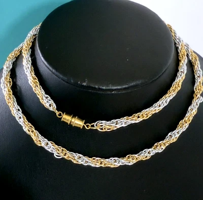 2 Tone Silver & Gold Tone Twisted Rope Chain Necklace Barrel Clasp 25" Long 5 mm - Image 1 of 4