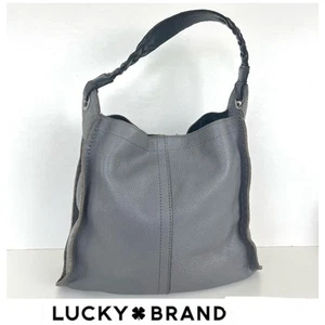 LUCKY BRAND Gray Pebbled Leather Black Braided Handles Stitching Shoulder Tote - Picture 1 of 12