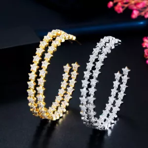 Unique Ladies Big Round Stars Shaped Hoop Earrings White Gold Plated CZ Jewelry - Picture 1 of 16