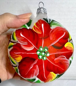 Oversized 4" Mouth Blown Glass Ornament Hand Painted Red Poinsettia Flower Italy - Picture 1 of 16